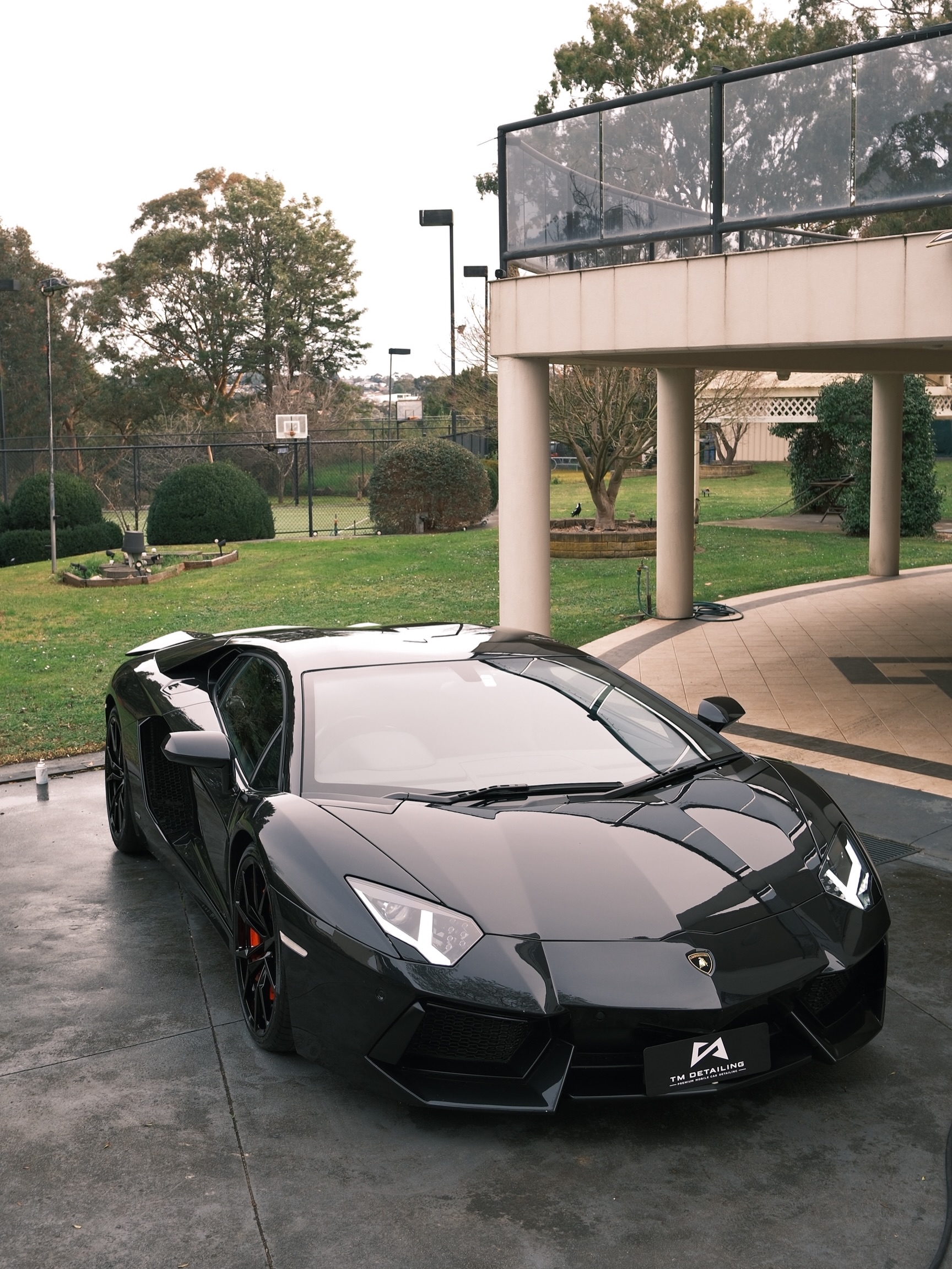 Black Lamborghini Aventador after a maintenance detail